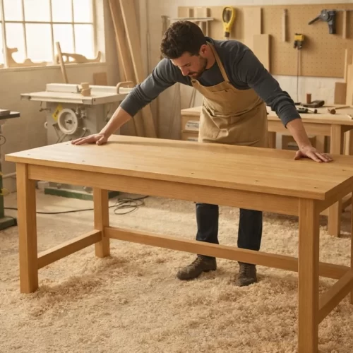 Escritorio de madera terminado sobre serrín en el taller de carpintería