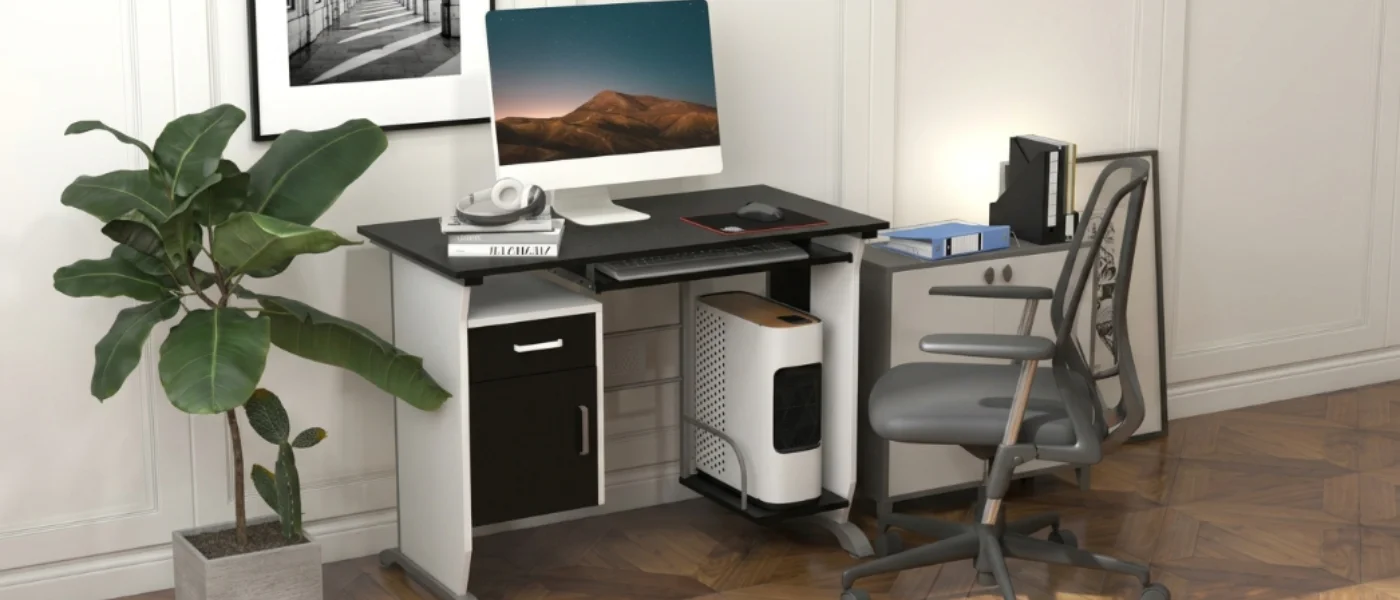 Escritorio de ordenador negro con silla ergonómica en oficina en casa 1400