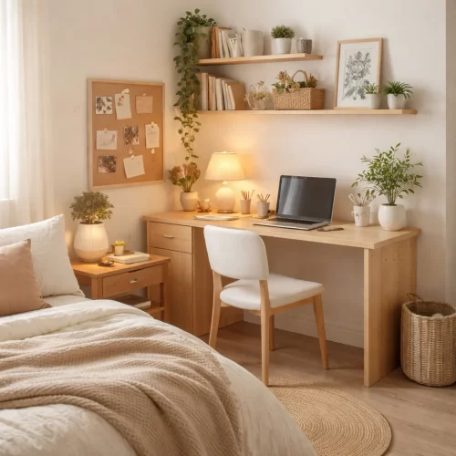 Escritorio en rincón de dormitorio con estanterías y decoración acogedora