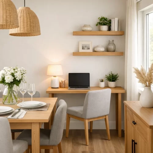 Escritorio junto a la pared del comedor con estanterías flotantes y lámpara
