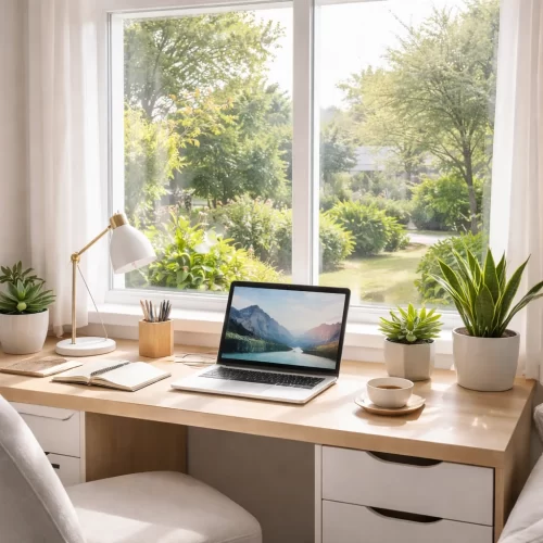 Escritorio junto a ventana de dormitorio con vistas al jardín y luz natural