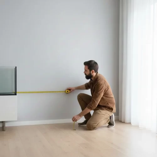 Espacio y tamaño cómo encontrar el ajuste adecuado - hombre midiendo la pared para colocar el soporte del acuario