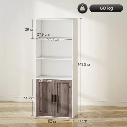 Estantería blanca con puertas de madera y medidas técnicas