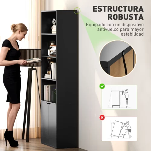 Estantería negra con estructura robusta y antivuelco
