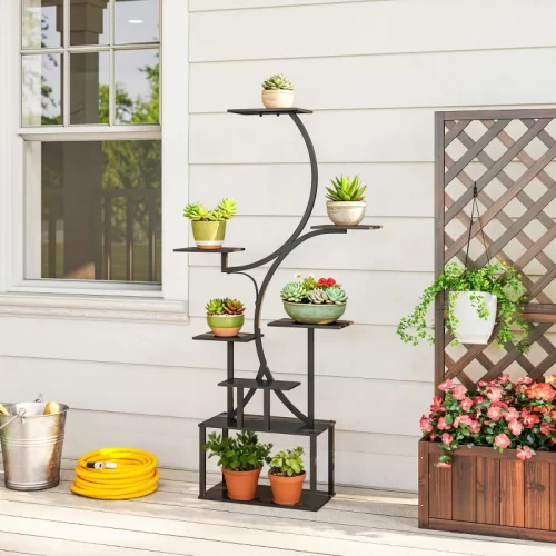 Estantería para Flores de Metal de 8 Niveles en Forma de S – 158,5 cm, Negro