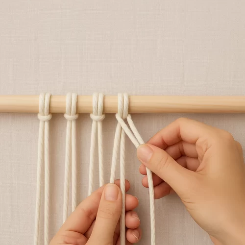 Fijando cuerda de macramé con nudos alondra a la estructura de madera