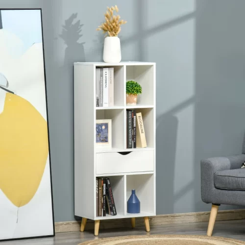 HOMCOM Estantería con Cajón y Patas de Madera - Blanco