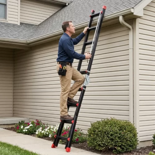 Hombre con cinturón de herramientas subiendo por una escalera extensible apoyada en el tejado de una vivienda