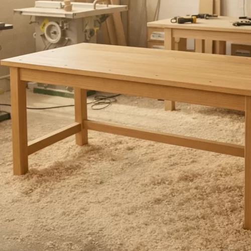 Hombre fijando la encimera de madera sobre el marco del escritorio