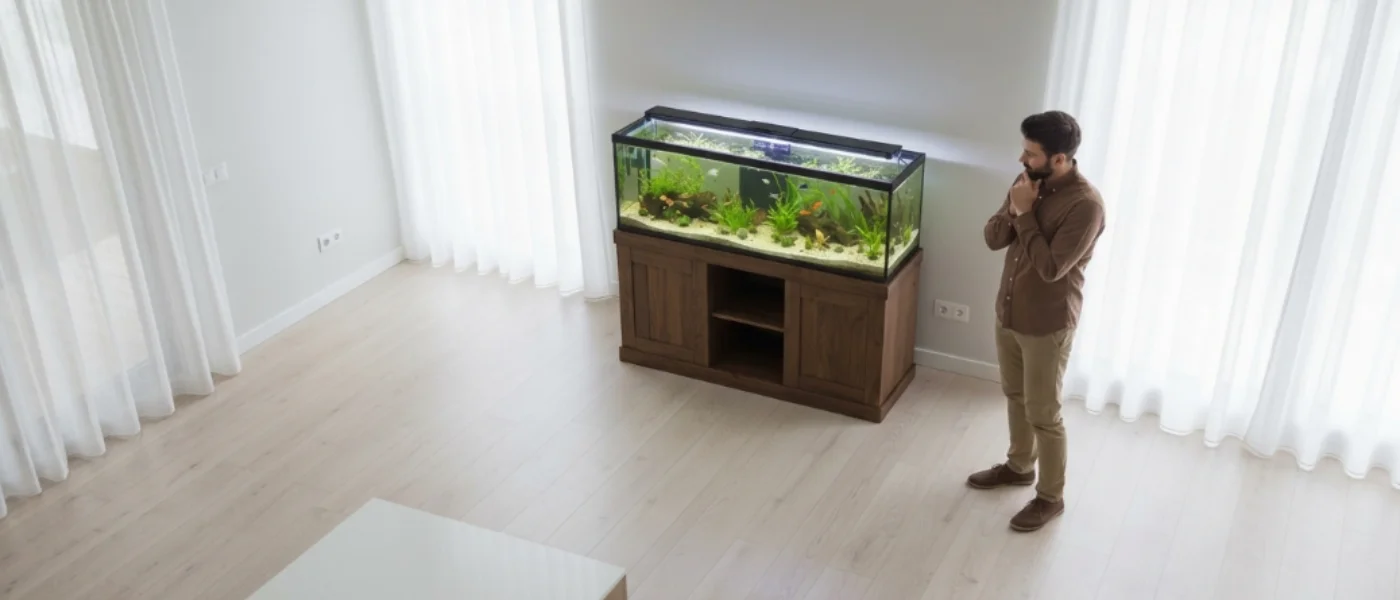 Hombre observando un gran acuario de agua dulce sobre un mueble de madera