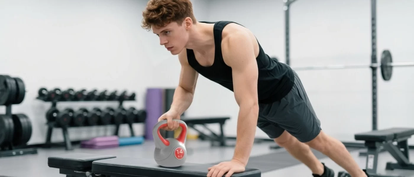 Hombre realizando plancha con remo usando una pesa rusa de 14 kg sobre un banco en el gimnasio 1400