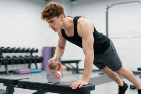 Hombre realizando plancha con remo usando una pesa rusa de 14 kg sobre un banco en el gimnasio 1400