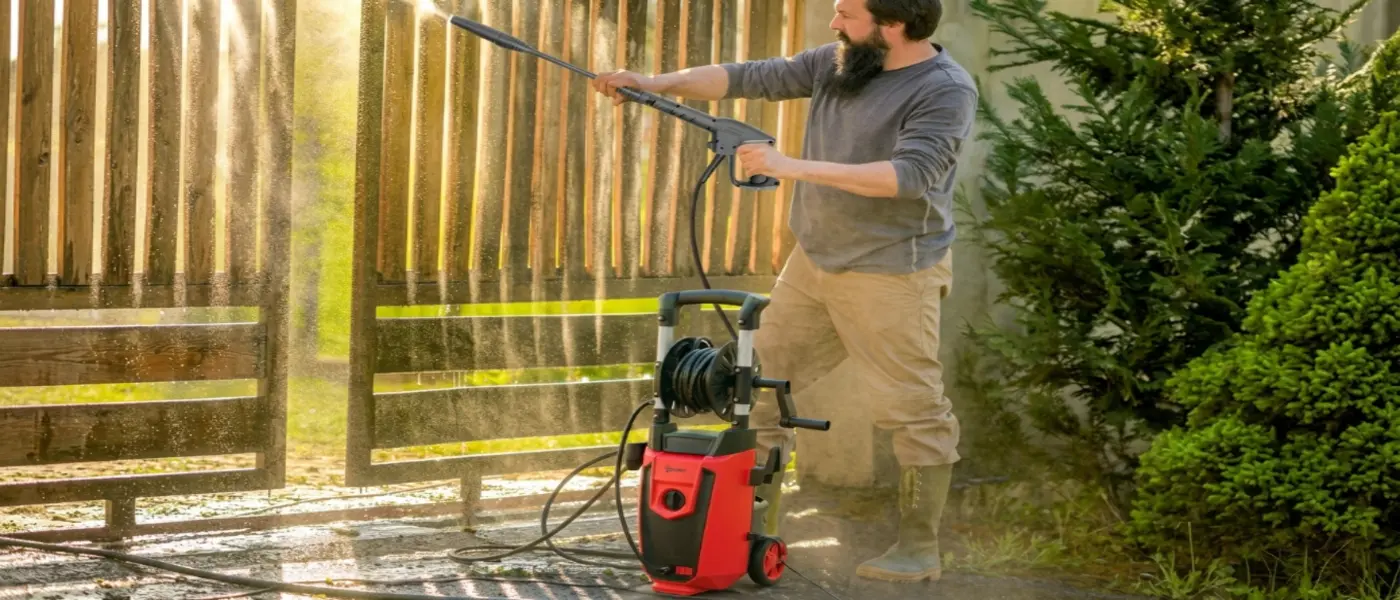 Hombre usando una hidrolimpiadora eléctrica roja con carrete de manguera para limpiar una va