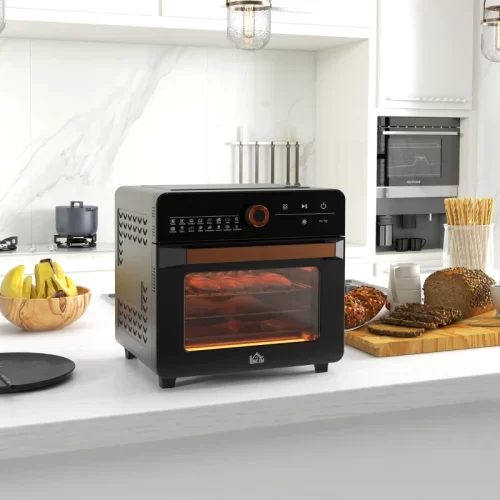 Horno freidora de aire negro y cobre con panel táctil, sobre una encimera blanca y con comida dorándose en dos niveles.