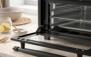 Horno tostador negro abierto con bandeja y rejilla, listo para limpiar.
