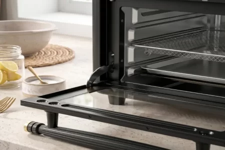 Horno tostador negro abierto con bandeja y rejilla, listo para limpiar.