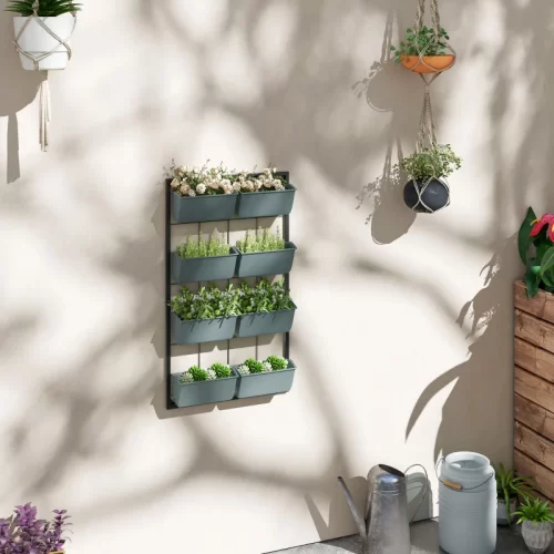 Huerto Vertical de Pared de 4 Niveles con 8 Macetas – 52x14x90 cm, Verde Oscuro y Negro