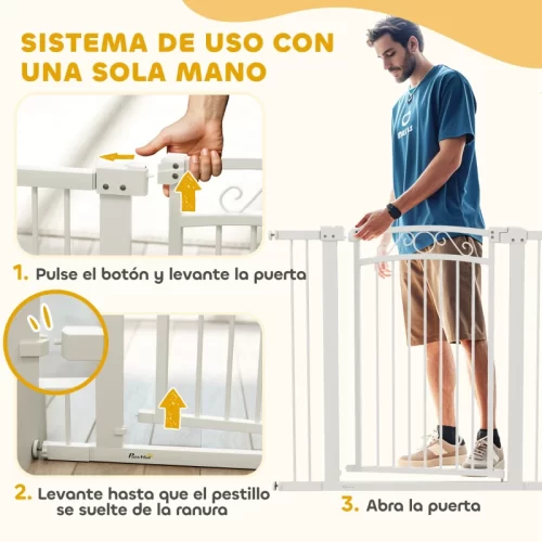 Instrucciones ilustradas para abrir la puerta de seguridad con una sola mano en tres pasos.