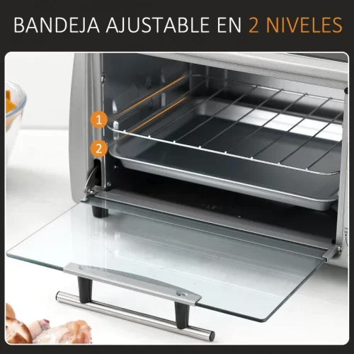 Interior de un mini horno con bandeja y rejilla, mostrando las dos alturas de colocación numeradas 1 y 2.