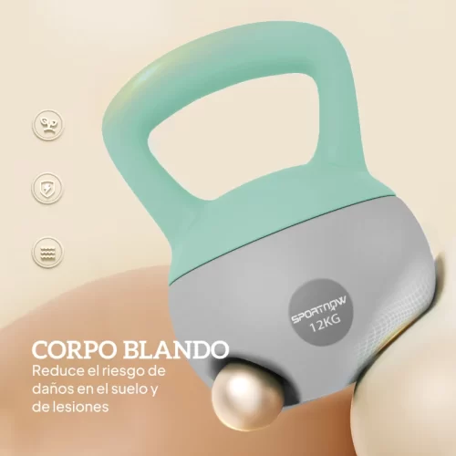 Kettlebell verde menta de cuerpo blando de 12 kg, diseñada para reducir daños al suelo y lesiones.