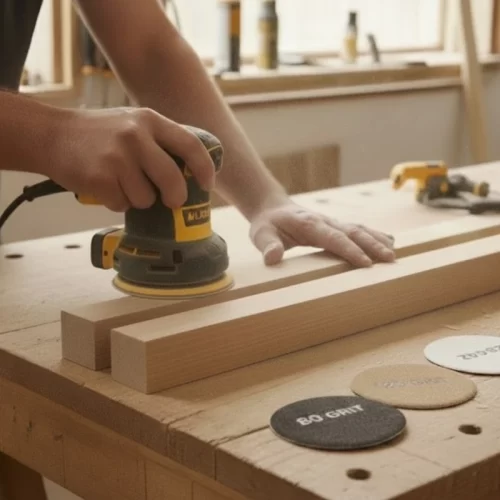 Lijando una pata de madera con lijadora eléctrica y discos de distinto grano