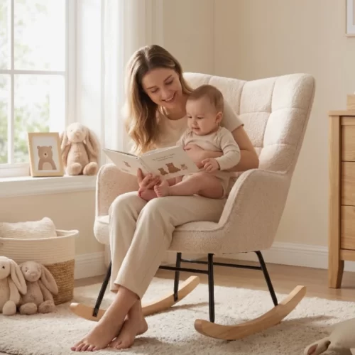 Madre con su bebé leyendo un cuento sentados en una mecedora de color crema