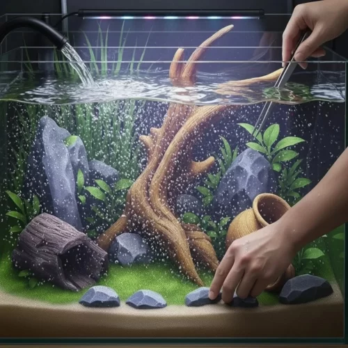 Manos ajustando rocas y plantas mientras se llena el acuario.