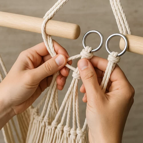 Manos atando cuerda de macramé a anillas metálicas al armar la silla hamaca