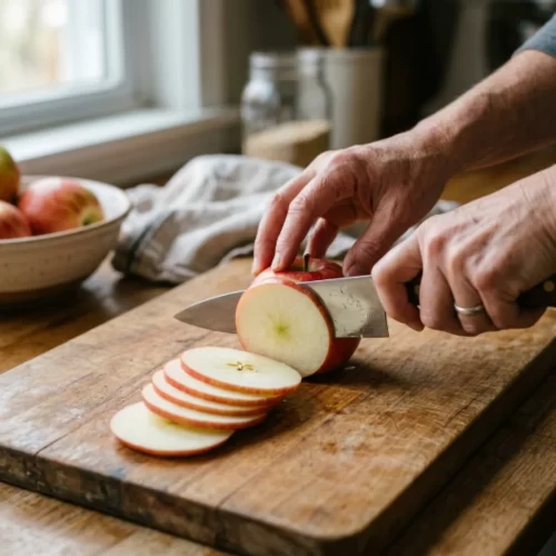 Manos cortando una manzana fresca en rodajas finas y uniformes sobre una tabla de madera antes de deshidratarla.
