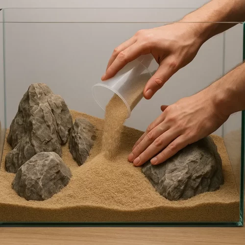 Manos vertiendo arena sobre rocas en un acuario vacío.