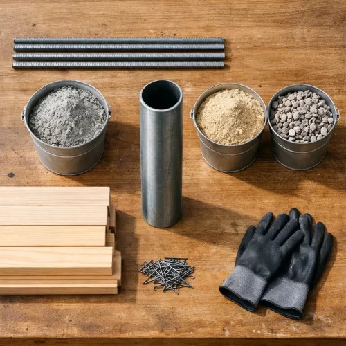 Materiales necesarios para hacer una base para sombrilla varilla roscada, tubo, cemento, arena, grava, madera y guantes