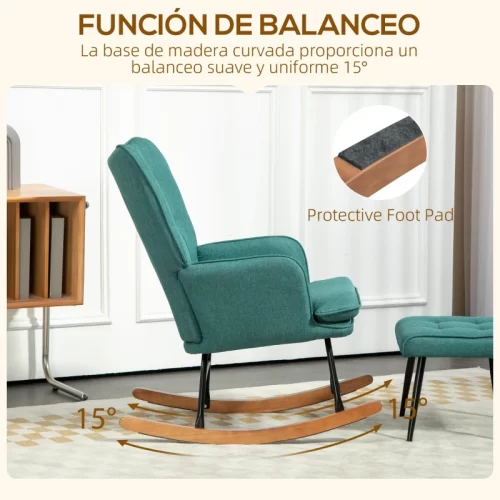 Mecedora tapizada en verde con base de madera curvada y función de balanceo