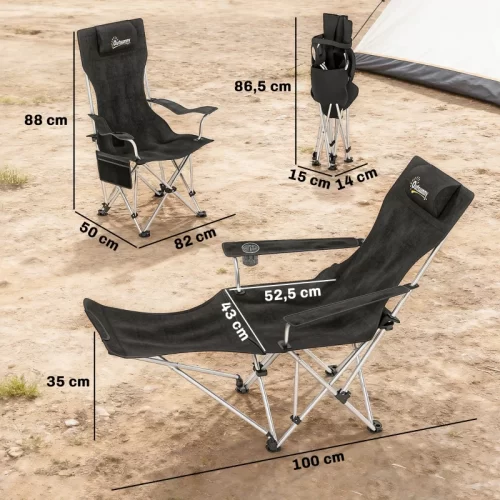 Medidas y dimensiones de una silla de camping reclinable con reposapiés plegada y desplegada