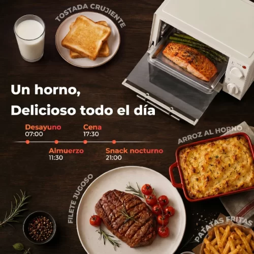 Mini horno blanco con salmón y espárragos dentro, rodeado de tostadas, filete, patatas fritas y arroz al horno, con una línea de tiempo de las comidas del día.