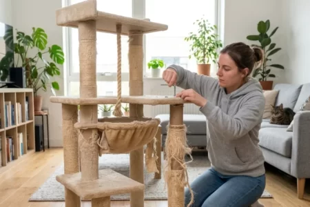 Mujer arrodillada reparando un rascador para gatos con herramientas