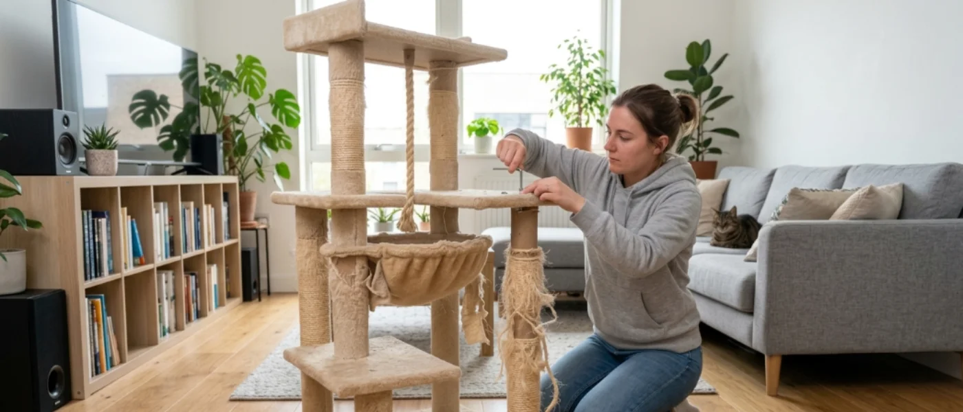 Mujer arrodillada reparando un rascador para gatos con herramientas