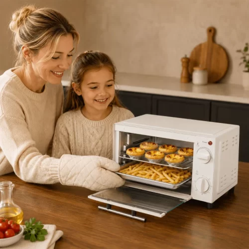 Mujer con guante de horno y niña mirando dentro de un mini horno blanco con una bandeja de pastelitos sobre otra de patatas fritas.