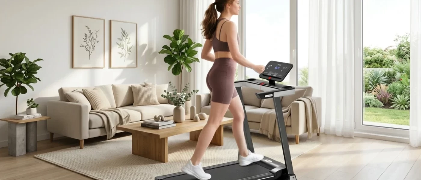 Mujer corriendo en cinta de correr plegable en salón moderno y luminoso 1400