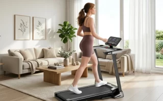 Mujer corriendo en cinta de correr plegable en salón moderno y luminoso 1400