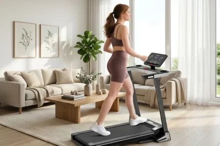Mujer corriendo en cinta de correr plegable en salón moderno y luminoso 1400