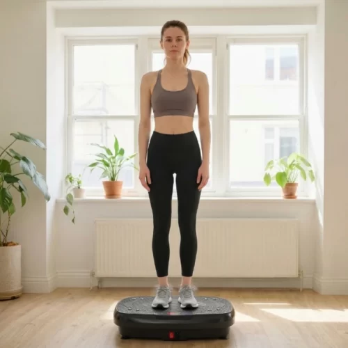 Mujer de pie sobre una plataforma vibratoria practicando el equilibrio con los brazos relajados.