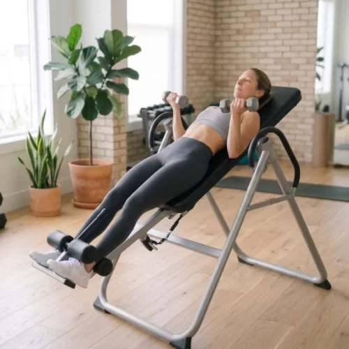Mujer haciendo curl de bíceps con mancuernas en tabla de inversión