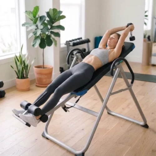 Mujer haciendo extensión de tríceps sobre la cabeza en tabla de inversión