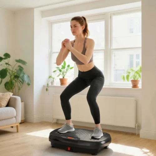 Mujer manteniendo una sentadilla estática sobre una plataforma vibratoria.