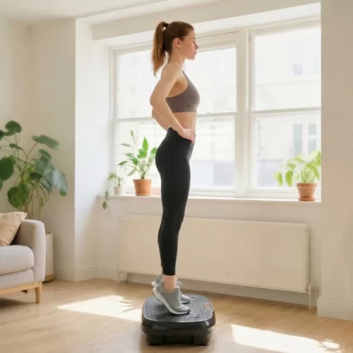 Mujer realizando una elevación de talones de perfil sobre una plataforma vibratoria.