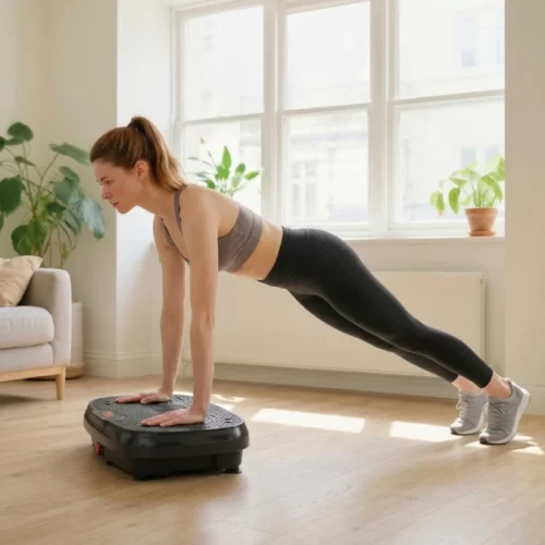 Mujer sosteniendo una posición de flexión con las manos sobre la plataforma vibratoria.