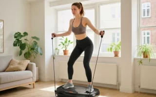 Mujer usando una plataforma vibratoria con bandas de resistencia en el salón de casa 1400