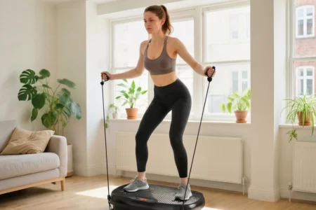 Mujer usando una plataforma vibratoria con bandas de resistencia en el salón de casa 1400