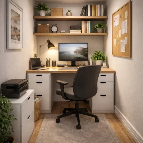 Oficina en casa montada en habitación pequeña con estanterías y archivadores