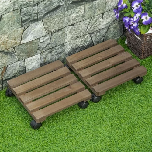 Pack de 2 Plataformas con Ruedas de Madera – Carga 50 kg, Marrón Oscuro